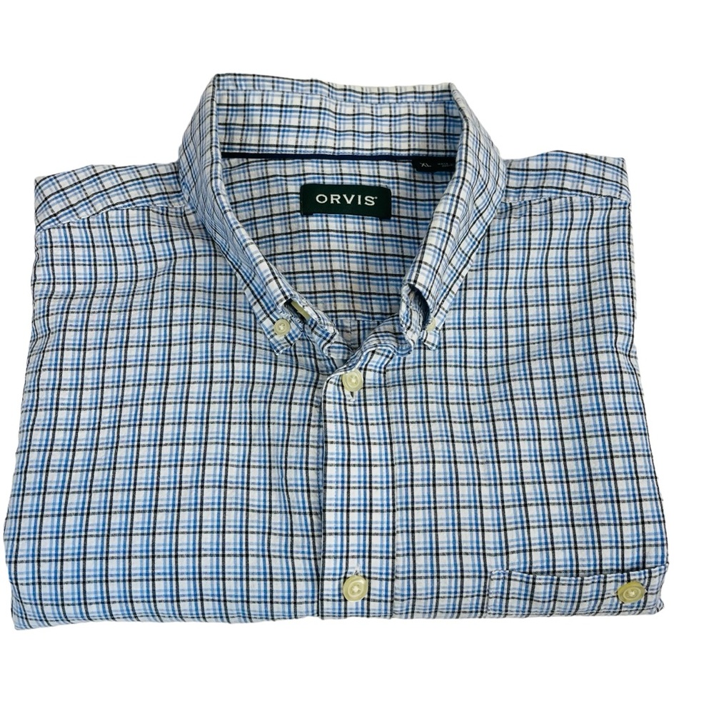 Orvis Shirt Mens XL Blue Black Plaid Check Button Down Cotton Casual